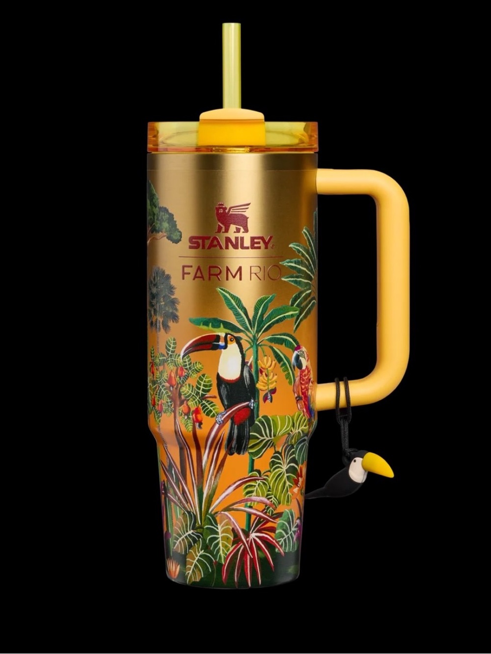 🌺 🌴40oz Rio Gold Travel Tumbler with Yellow Handle and Tropical Toucan Print
